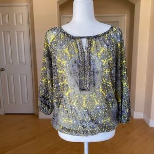 INC International Concepts Yellow and Black Graphic Sheer Top with 3/4 Sleeves